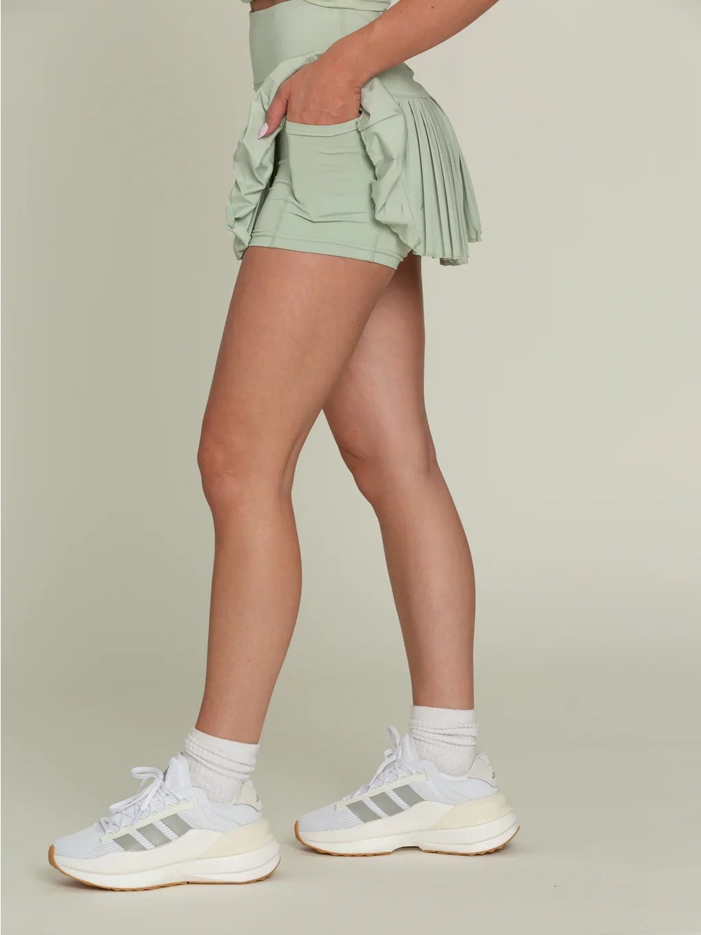 Gold Hinge Pleated Mini Tennis Skirt in Sage Green - Picture 2 of 4